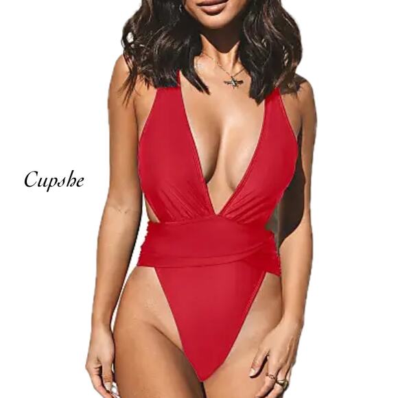 Cupshe Red Cross Back Tie Plunge Ruched High Cut One Piece Swimsuit NEW Size M - Picture 1 of 14